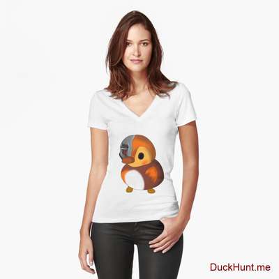 Mechanical Duck White Fitted V-Neck T-Shirt (Front printed) image
