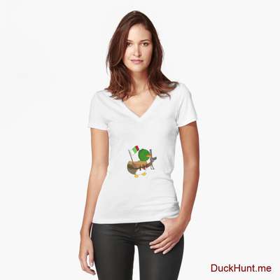 Kamikaze Duck White Fitted V-Neck T-Shirt (Front printed) image