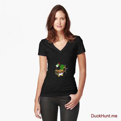 Kamikaze Duck Black Fitted V-Neck T-Shirt (Front printed) image
