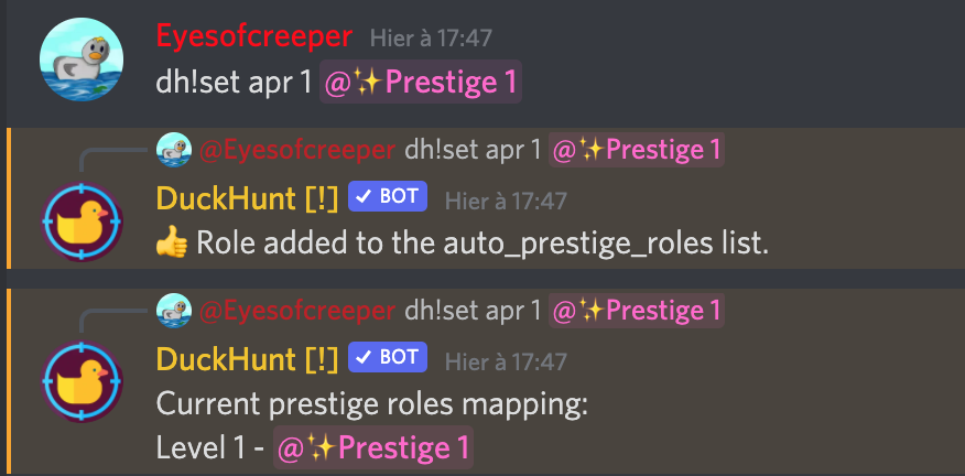 How to add prestige roles on the Duckhunt bot.