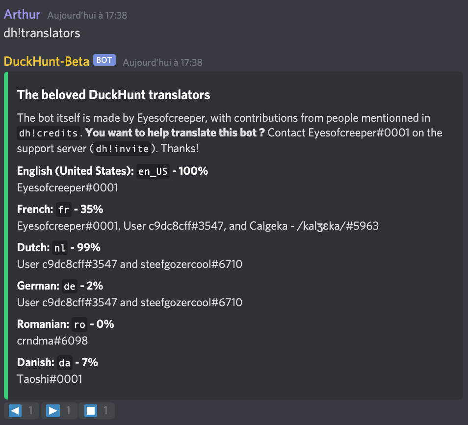 The translators command list all the languages you can get on the bot