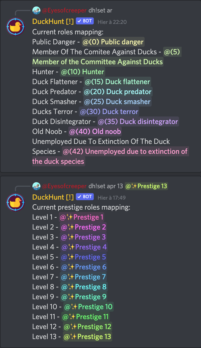 Rôles ajoutés dans le serveur, donnés automatiquement par le bot.