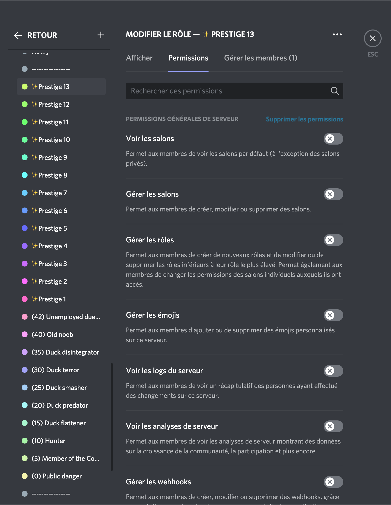 Rôles utilisés dans le serveur DuckHunt