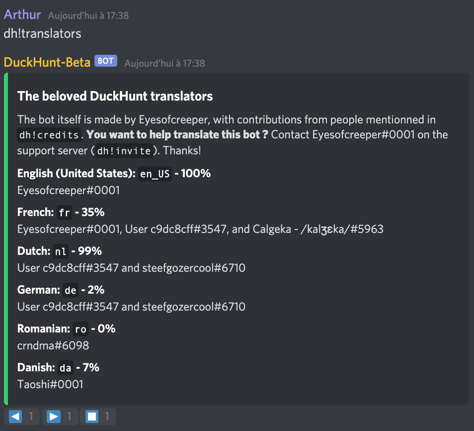La commande dh!translators liste toutes les langues que vous pouvez avoir sur le bot.