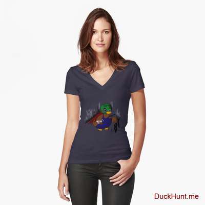 Dead Boss Duck (smoky) Navy Fitted V-Neck T-Shirt (Front printed) image