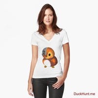 Mechanical Duck White Fitted V-Neck T-Shirt (Front printed)