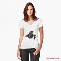 Dead Boss Duck (smoky) White Fitted V-Neck T-Shirt (Front printed)