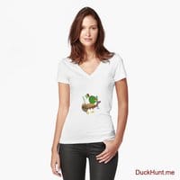 Kamikaze Duck White Fitted V-Neck T-Shirt (Front printed)