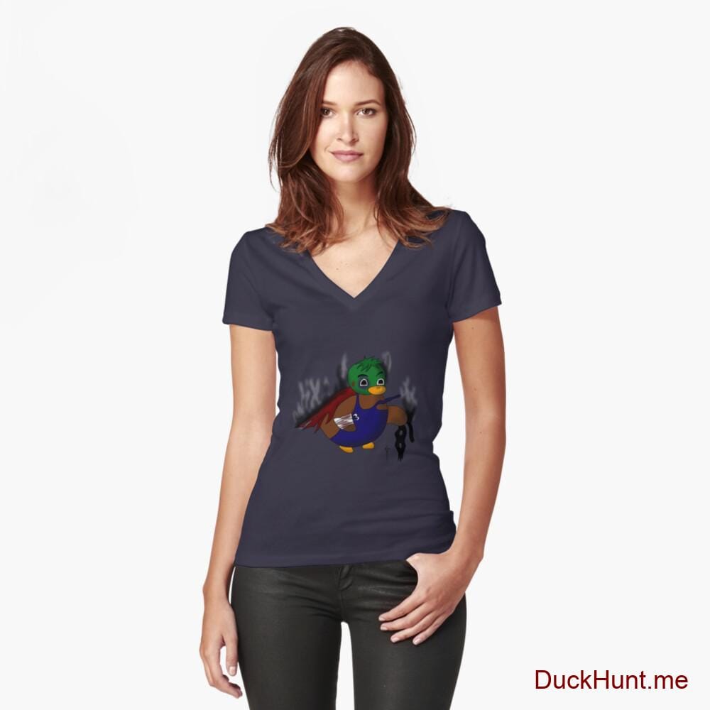 Dead Boss Duck (smoky) Navy Fitted V-Neck T-Shirt (Front printed)