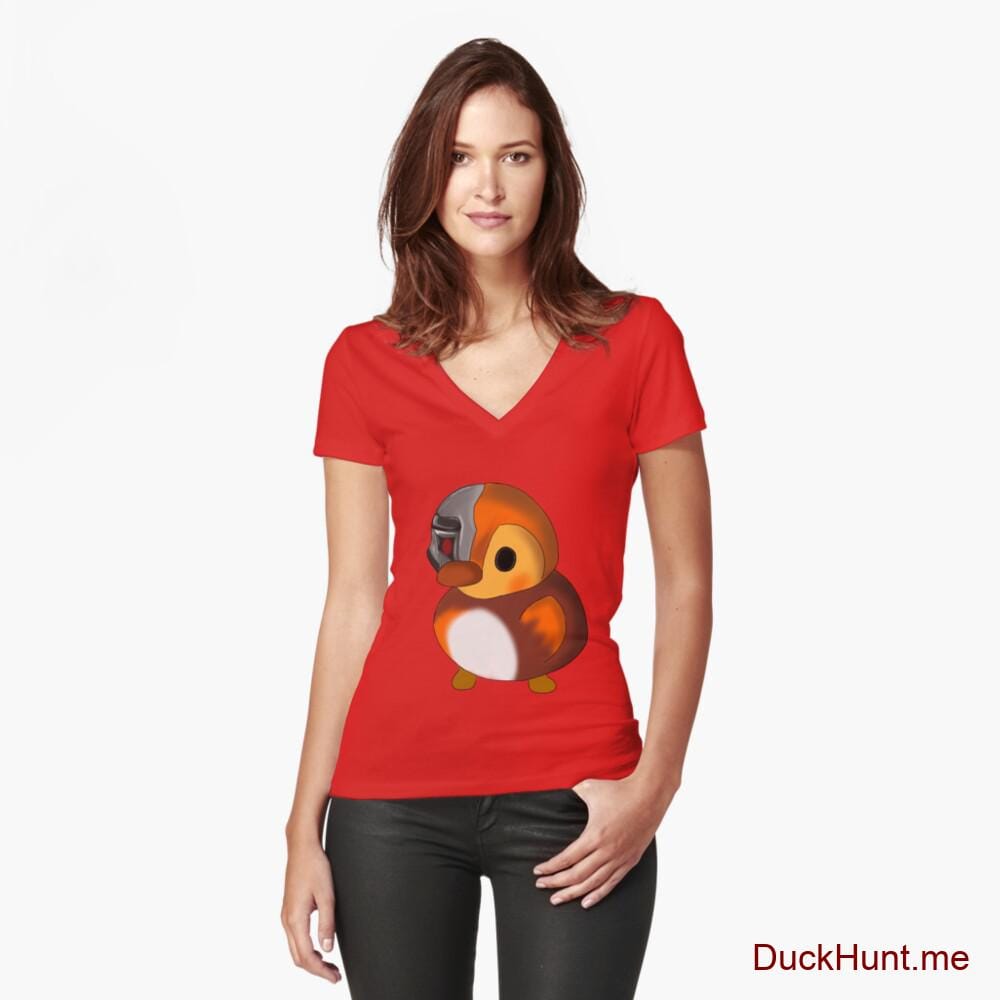 Mechanical Duck Red Fitted V-Neck T-Shirt (Front printed)